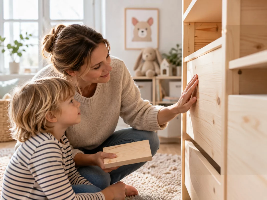 Eltern prüfen Material und Oberfläche von Holzmöbeln für das Kinderzimmer
