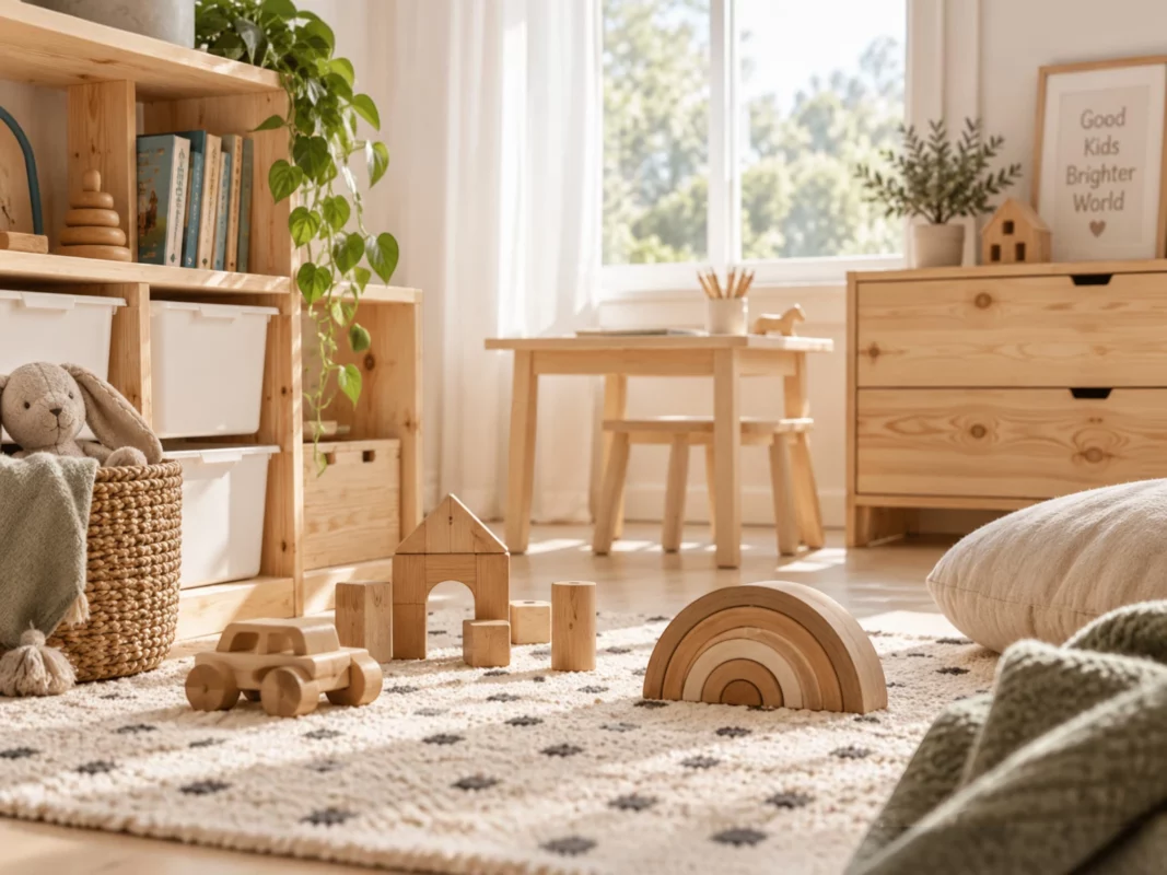 Natürlich eingerichtetes Kinderzimmer mit Holzmöbeln und natürlichen Materialien