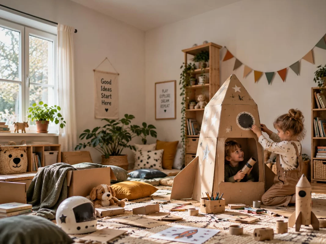 Kinder beim freien Spielen mit einer selbst gebauten Kartonrakete