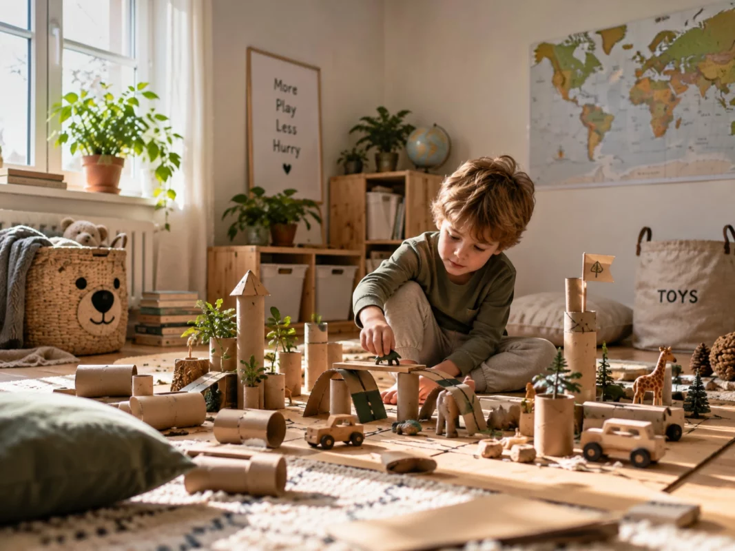 Kind beim freien Spielen mit Holzklötzen und einfachen Materialien